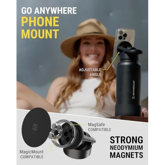 Scosche Stainless Steel Water Bottle With Magnetic Phone Holder And Tripod - 650Ml - Black